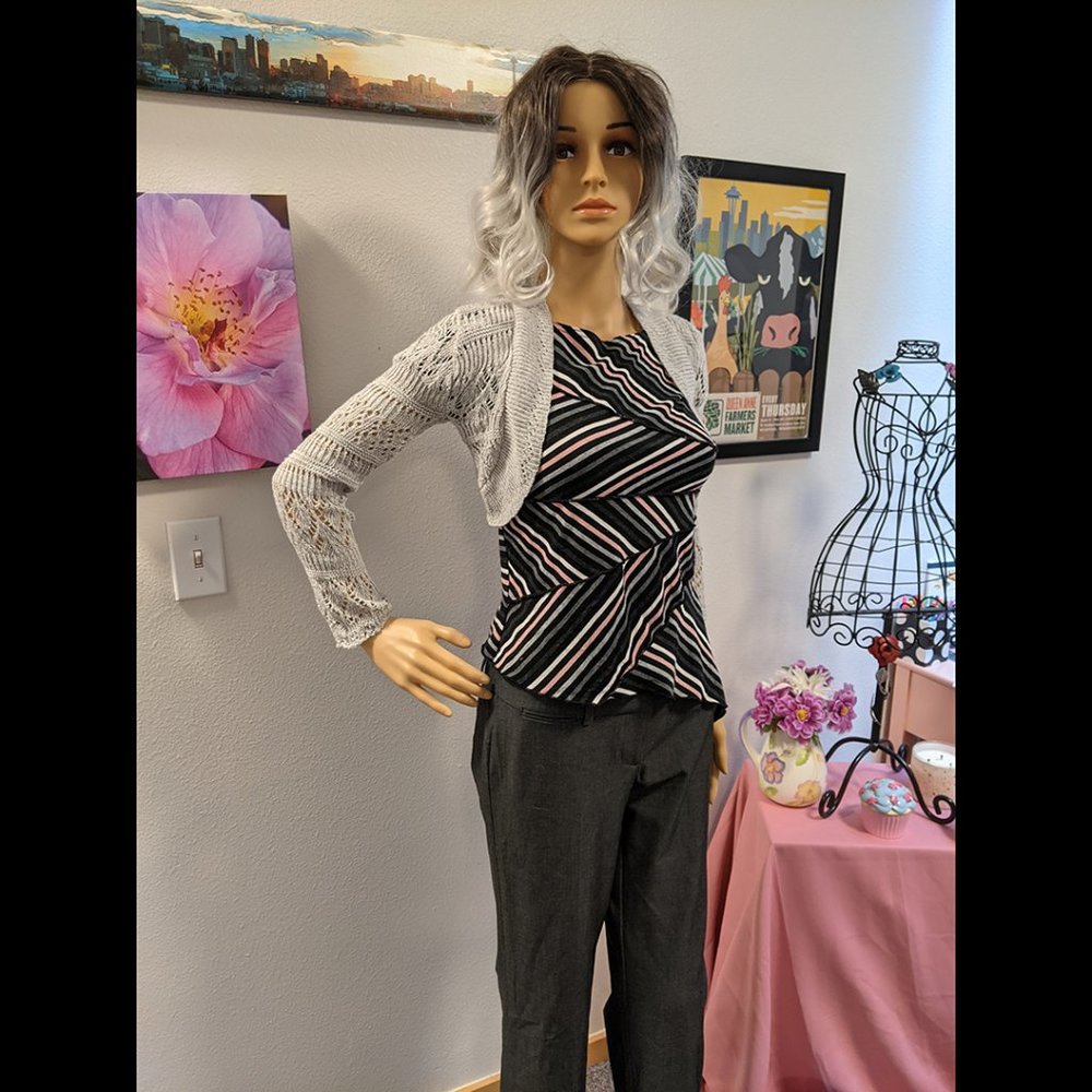 FIORLINI INTERNATIONAL Pink, white, grey, and black Striped Asymmetrical Blouse - Picture 5 of 9